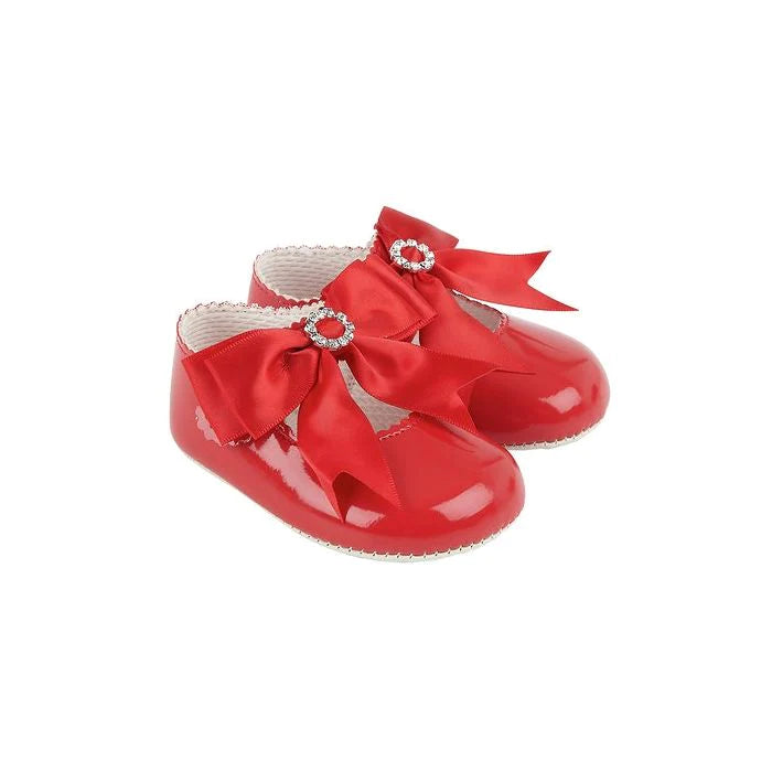 Girls Diamante Bow Soft Sole Shoes Red Carter Belle