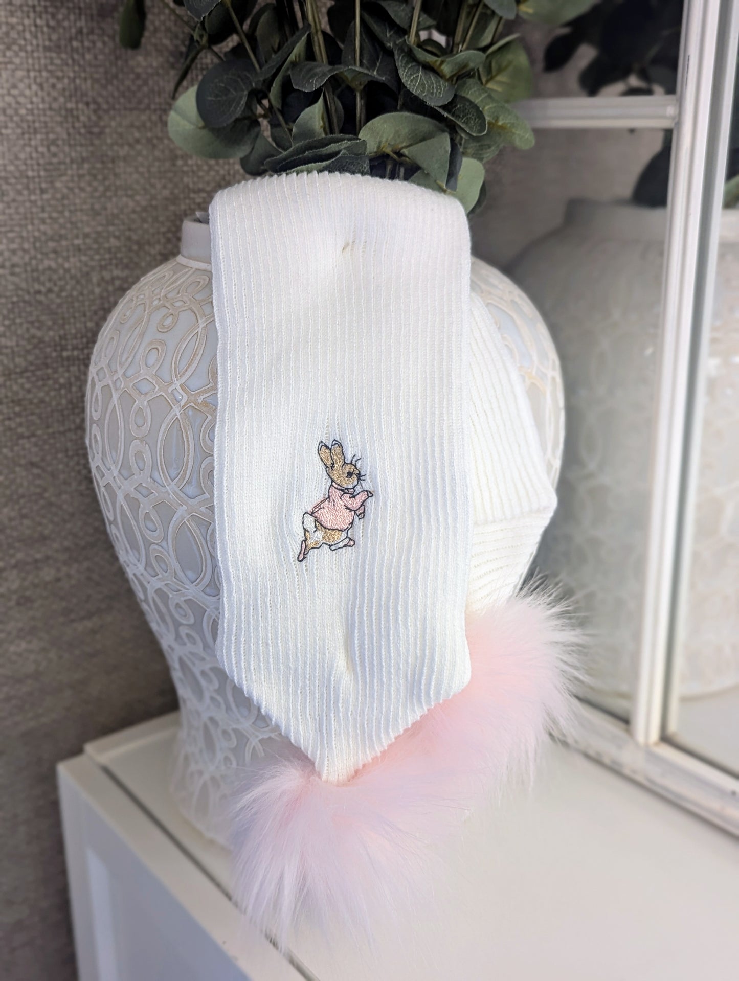 Rabbit Double Pom Hat Pink/White