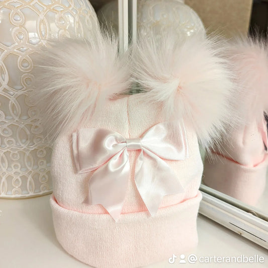 Pom & Bow Hat Full Pink