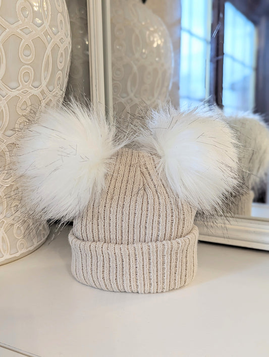 Double Pom Hat Beige Small/Medium