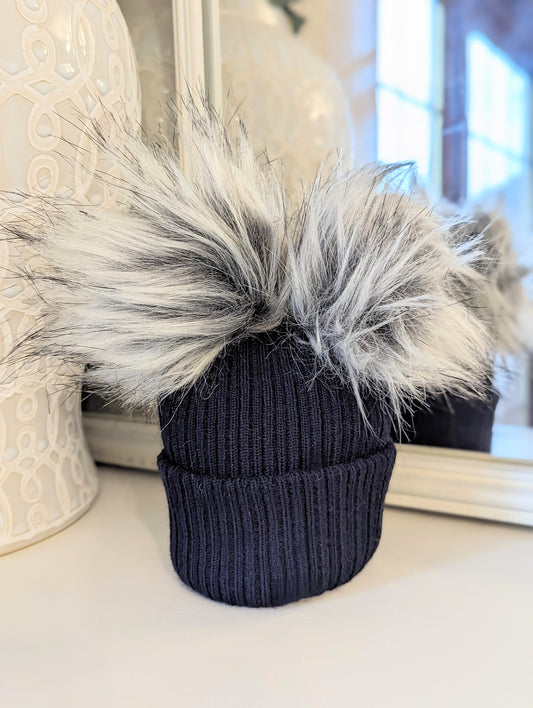 Double Pom Hat Navy & Grey Small/Medium