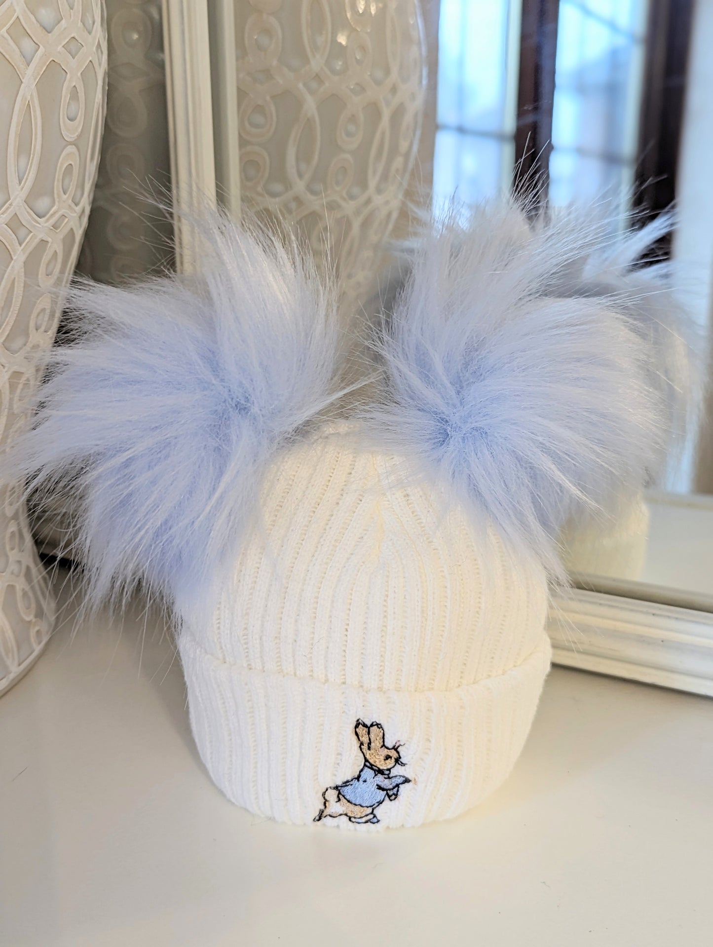 Rabbit Double Pom Hat Blue/White