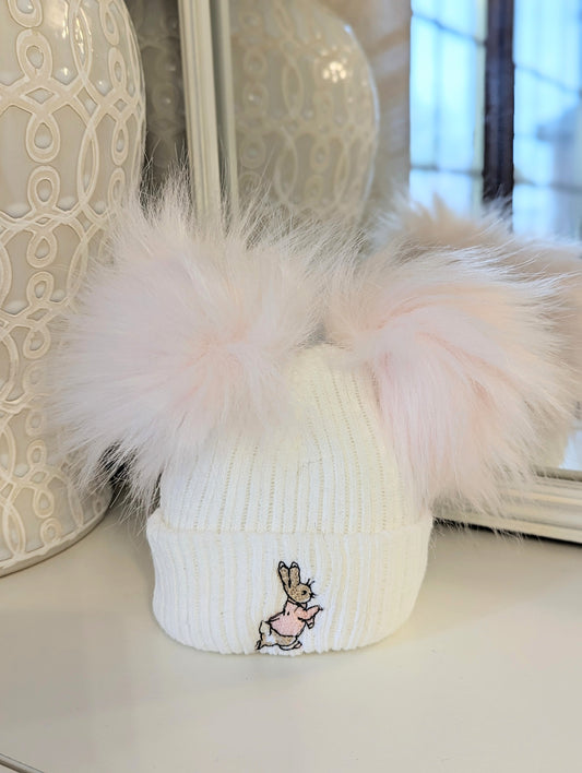 Rabbit  Double Pom Hat Pink/White