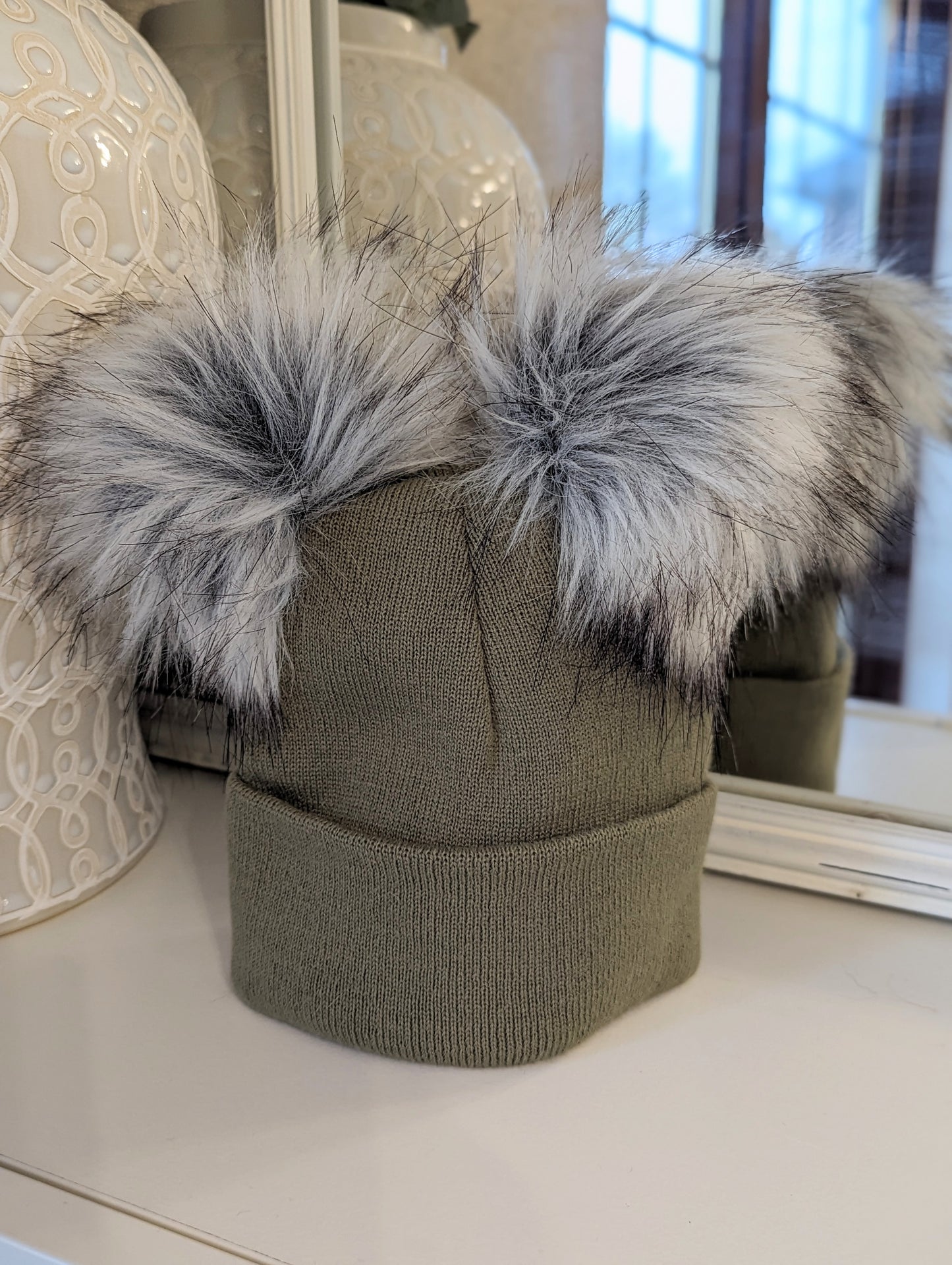 Double Pom Hat Khaki Large