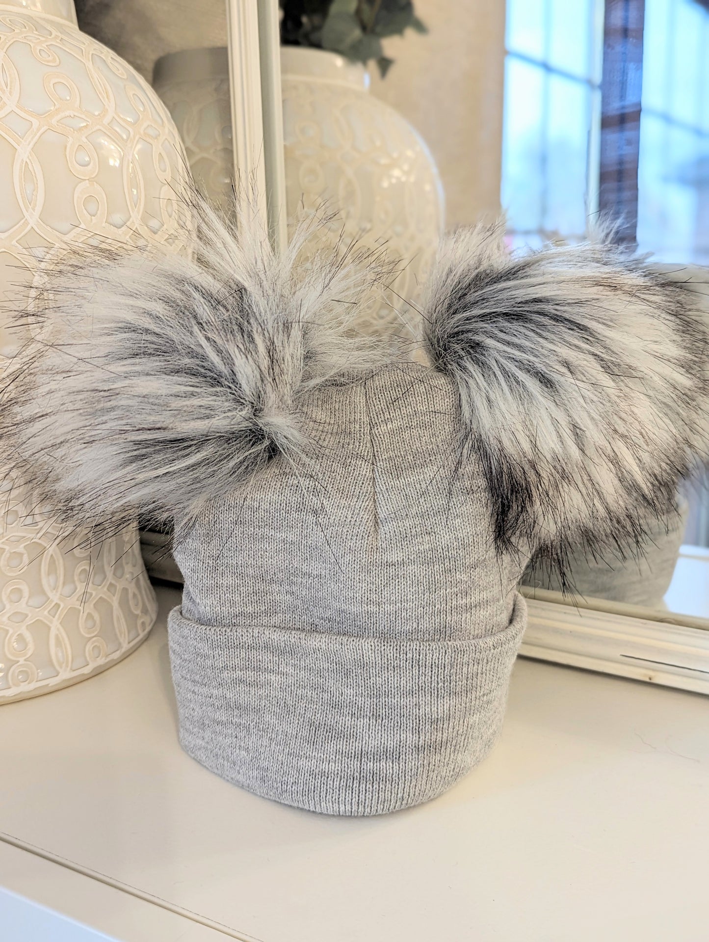 Double Pom Hat Grey Large