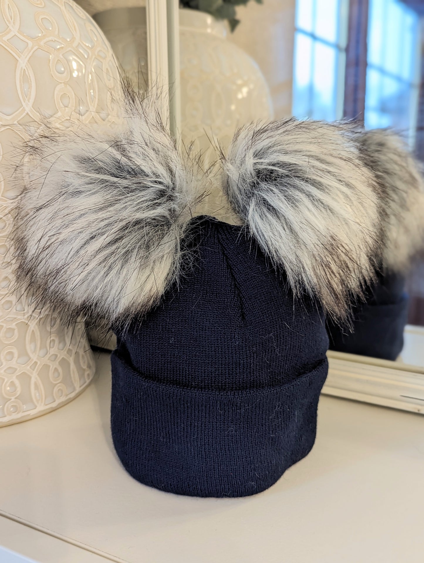 Double Pom Hat Navy & Grey Large