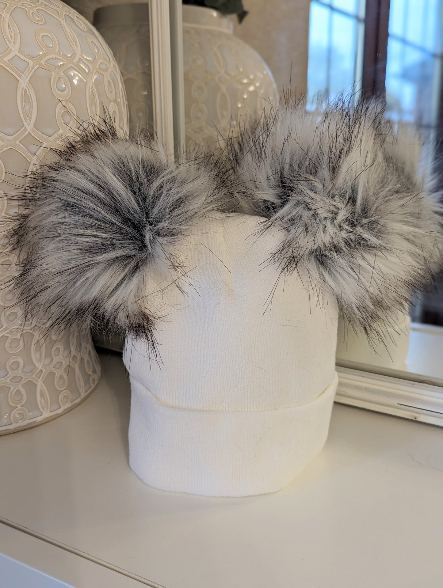 Double Pom Hat White & Grey Large