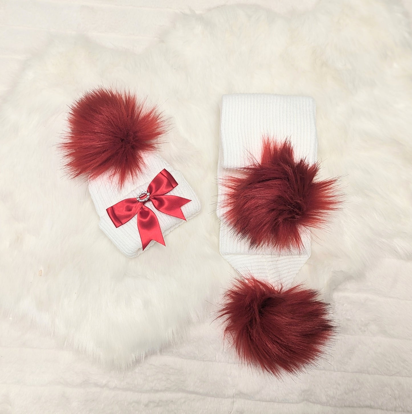 Double Pom Scarf Red & White