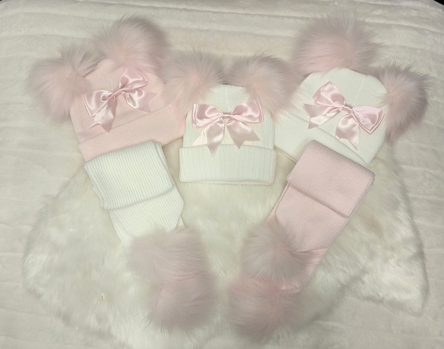 Pom & Bow Hat Pink/White