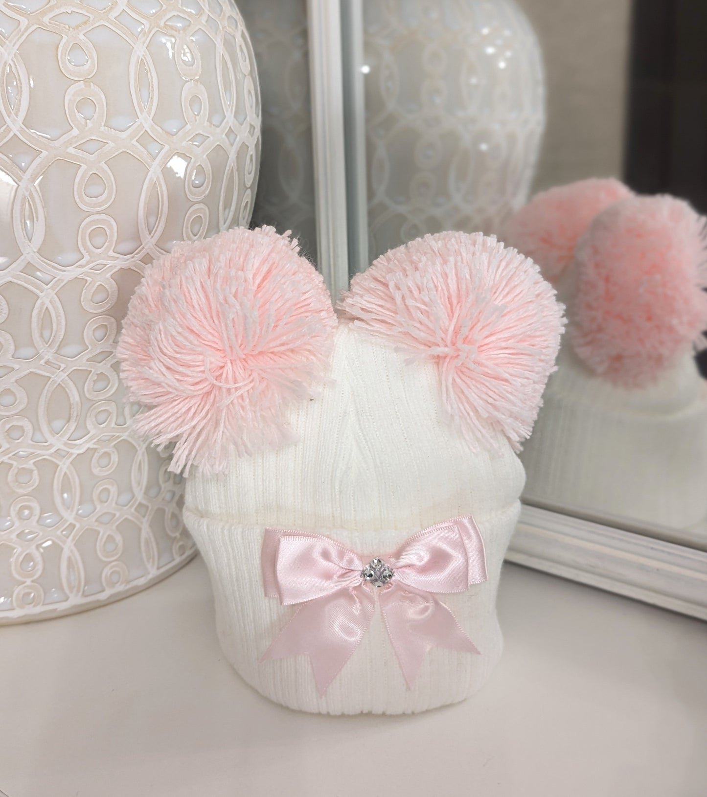 Knitted Pom & Bow Hat Pink