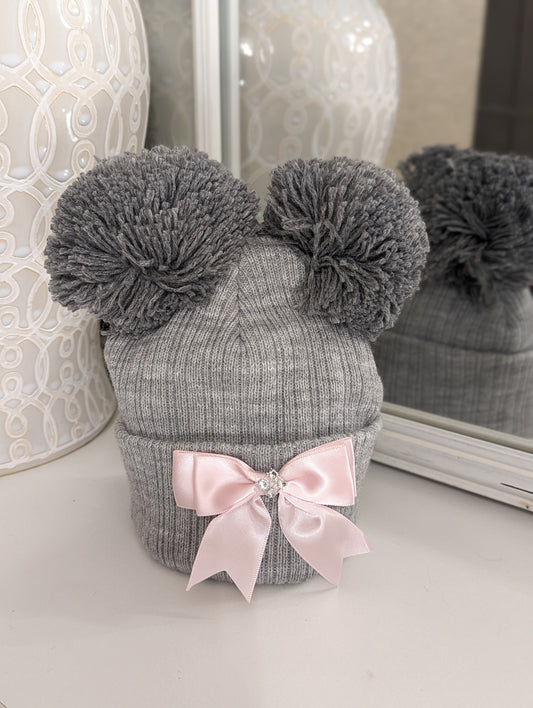 Knitted Pom & Bow Hat Grey