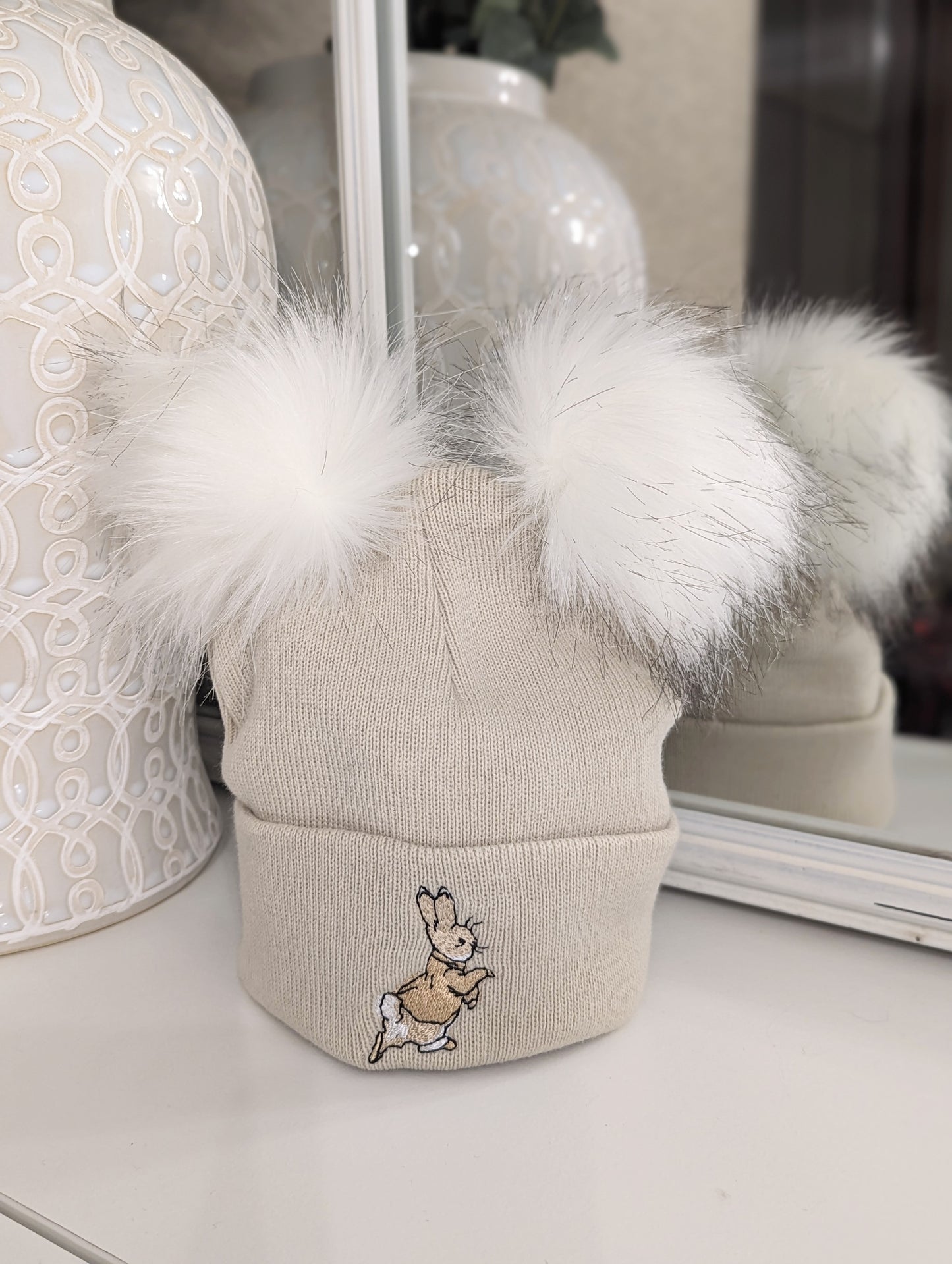 Rabbit Double Pom-Pom Hat Beige