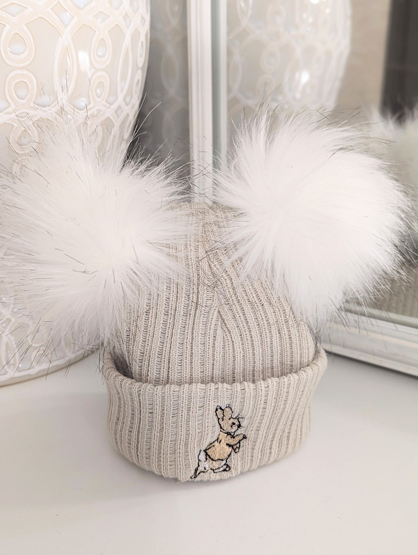 Rabbit Double Pom-Pom Hat Beige