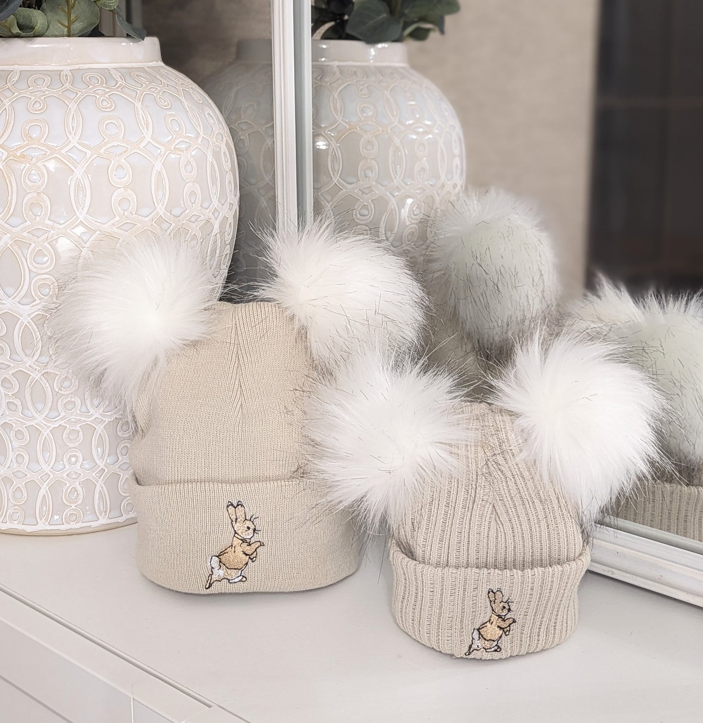 Rabbit Double Pom-Pom Hat Beige