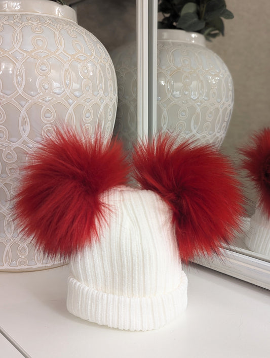 Double Pom Hat Red & White Small/Medium