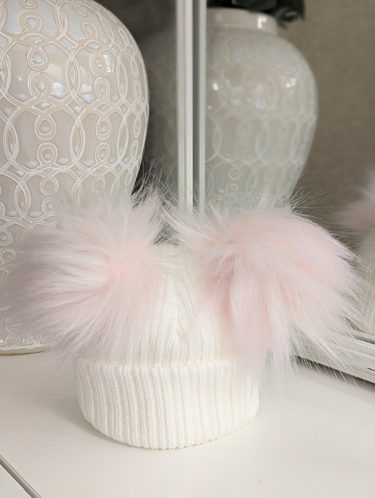 Double Pom Hat Pink & White Small/Medium