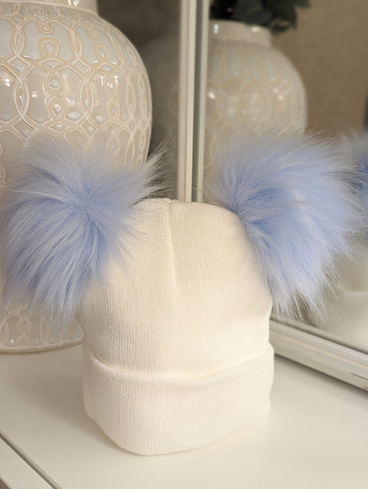 Double Pom Hat Blue & White Large