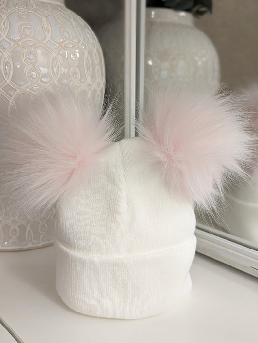 Double Pom Hat Pink & White Large