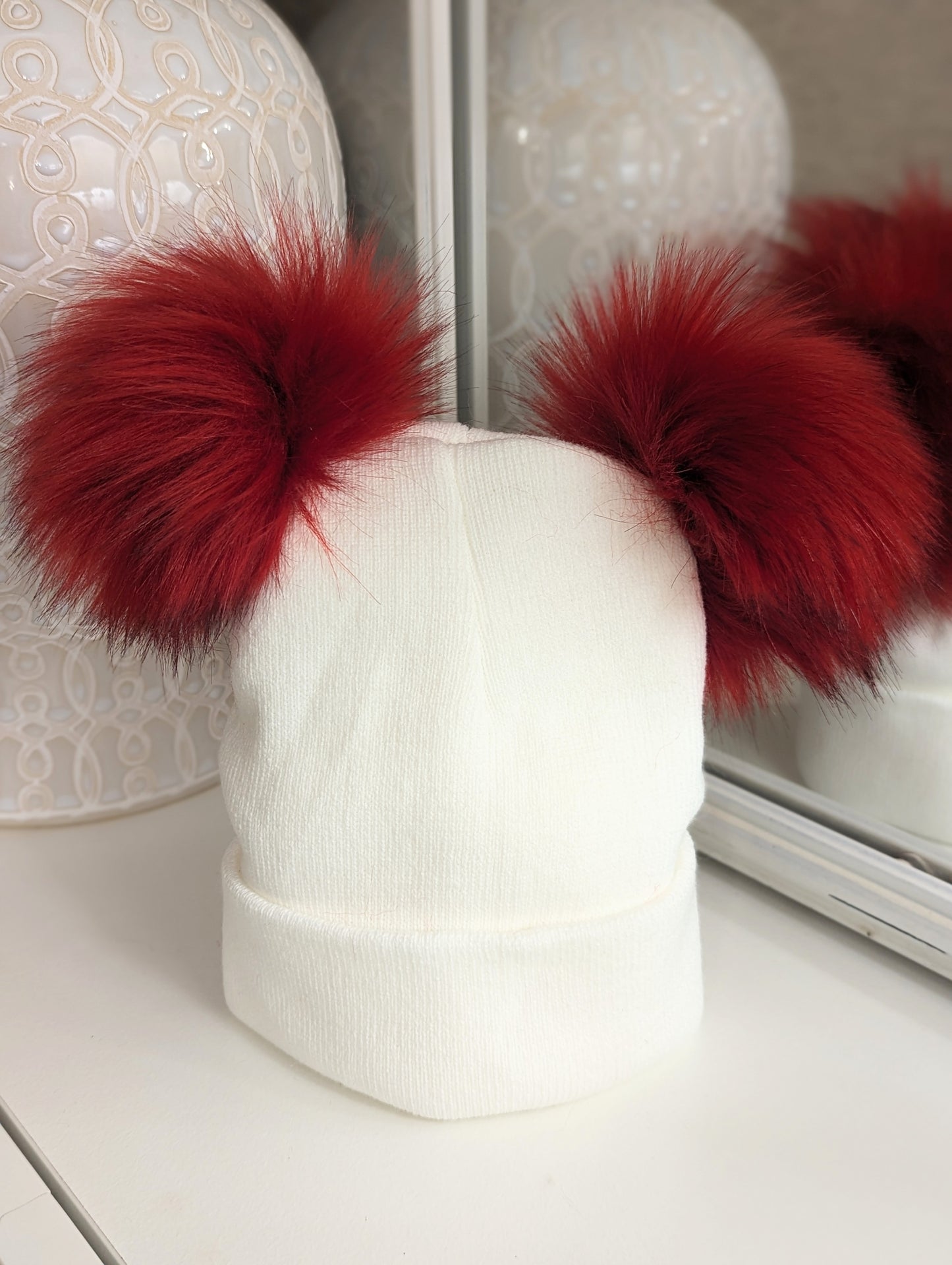 Double Pom Hat Red & White Large