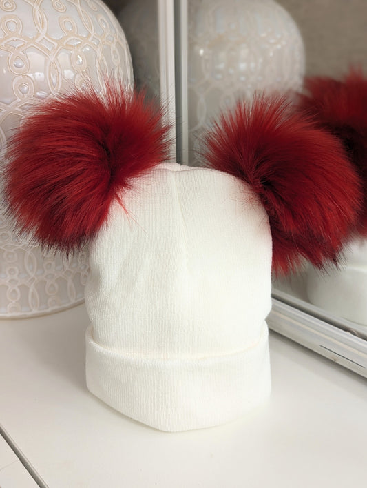 Double Pom Hat Red & White Large