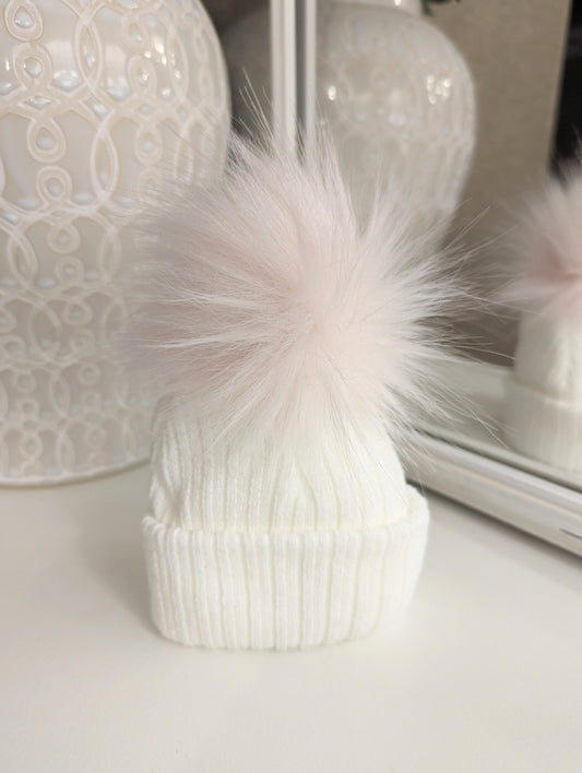 Single Pom Hat Pink & White Small/Medium