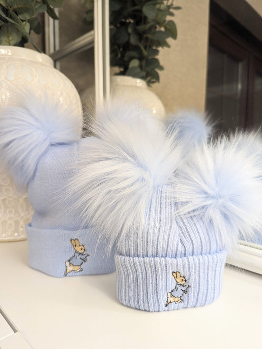 Rabbit double Pom Hat Full Blue