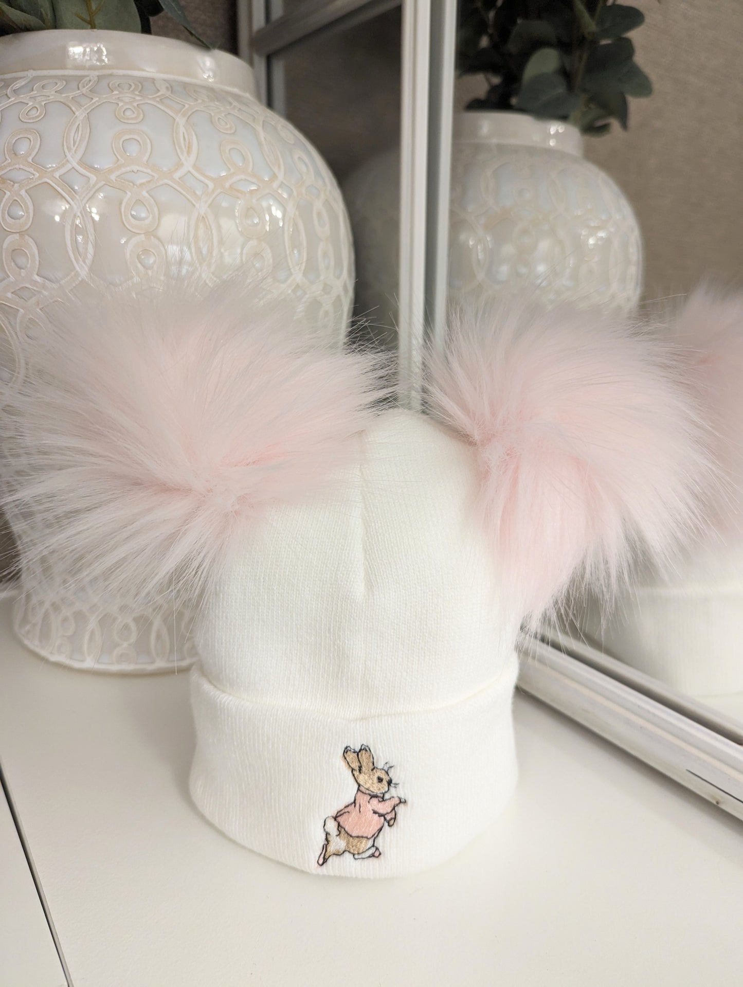 Rabbit  Double Pom Hat Pink/White