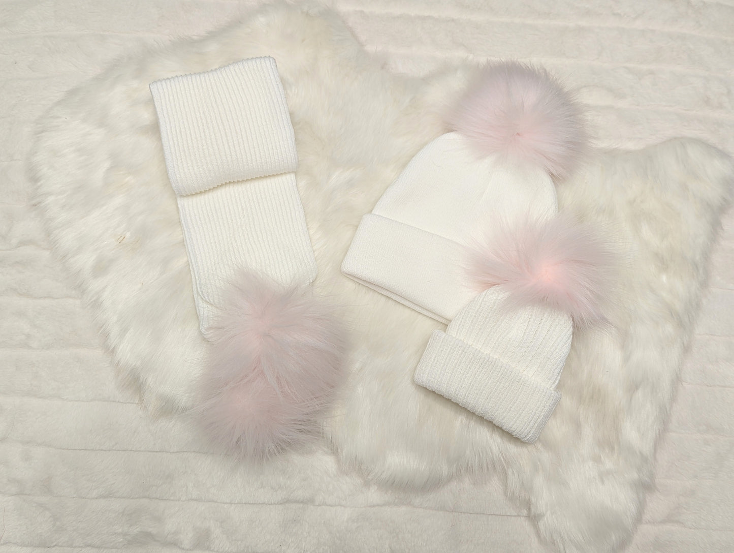 Double Pom Scarf Pink & White