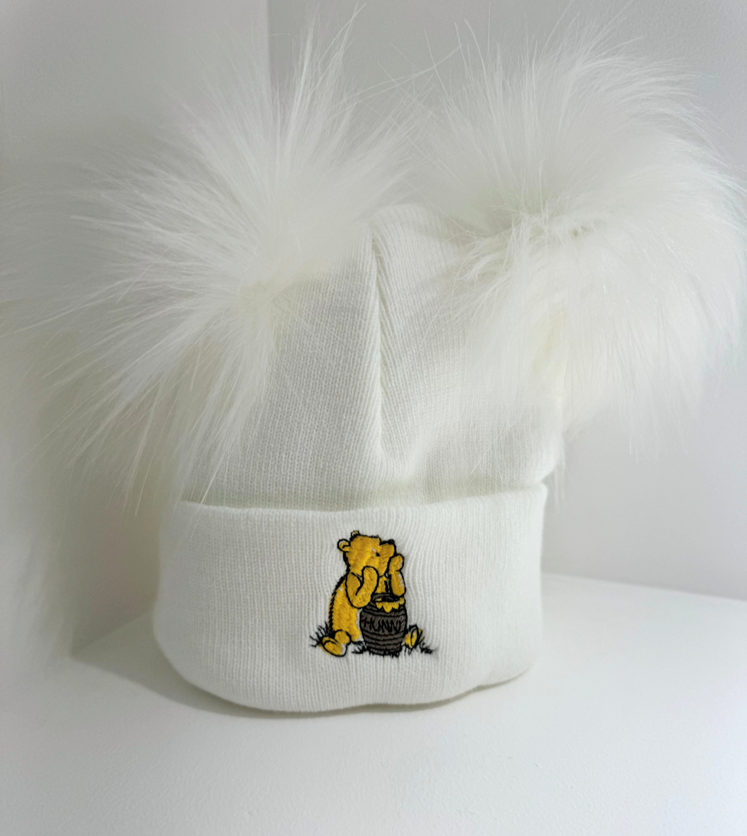 Honey Bear Double Pom Hat White