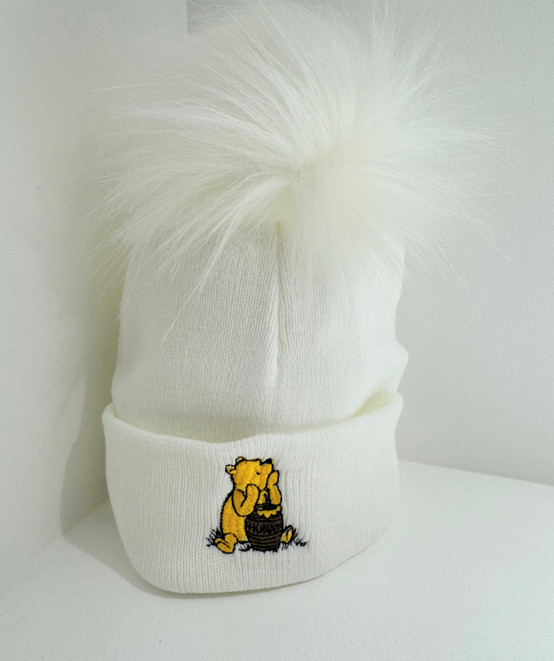 Honey Bear Single Pom Hat White