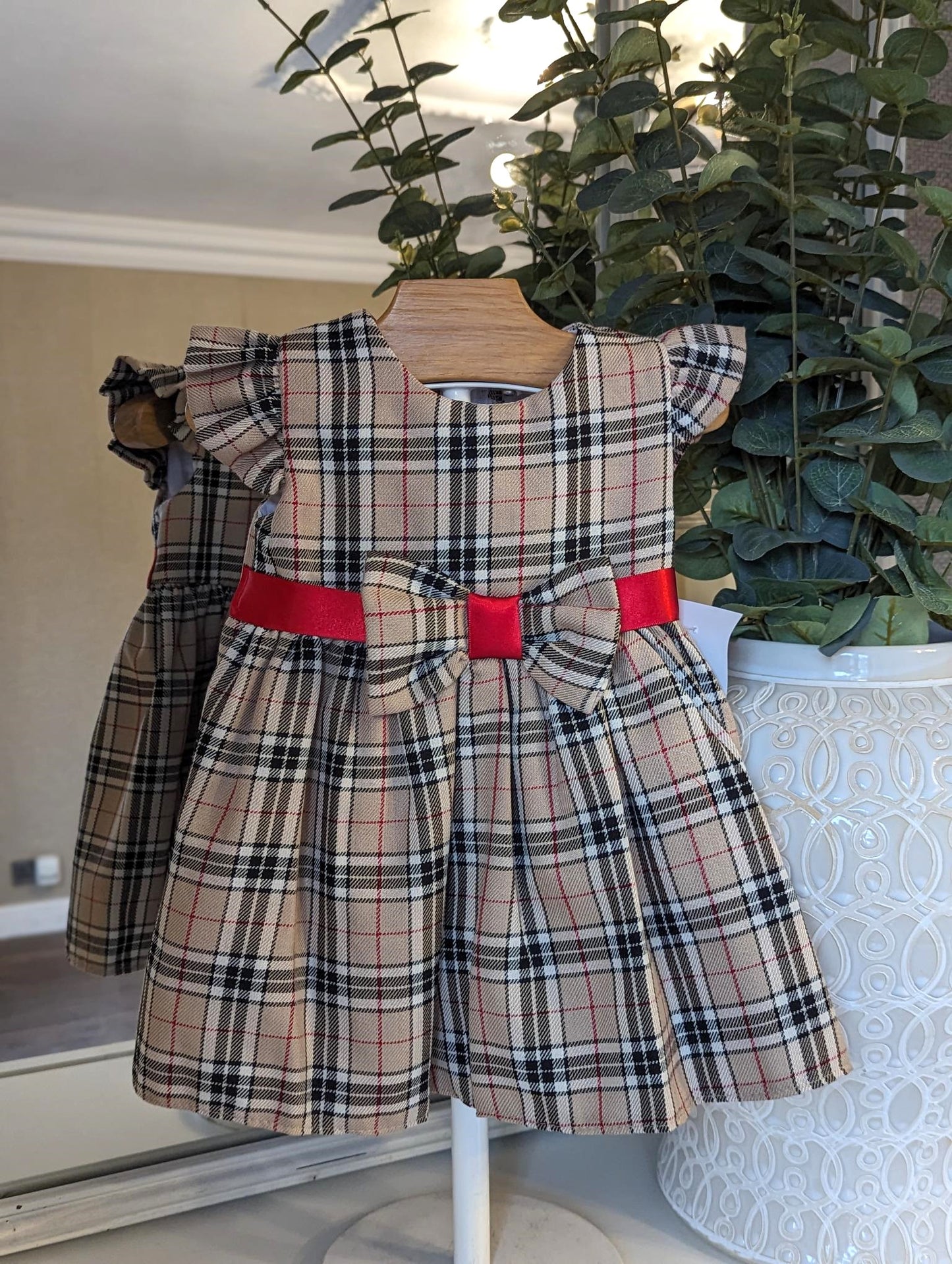 Tartan Ribbon Dress Beige