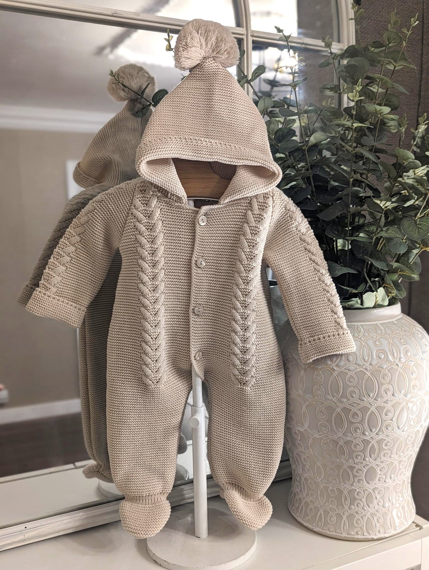 Pom-Pom Hood Onesie Beige