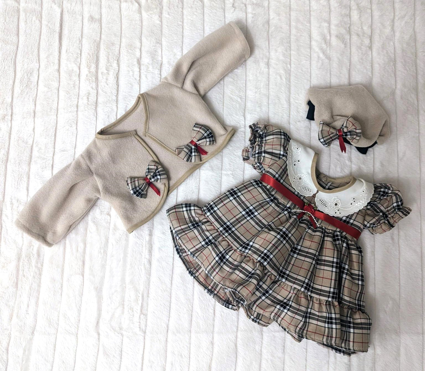 3 Piece Tartan Dress Set Beige