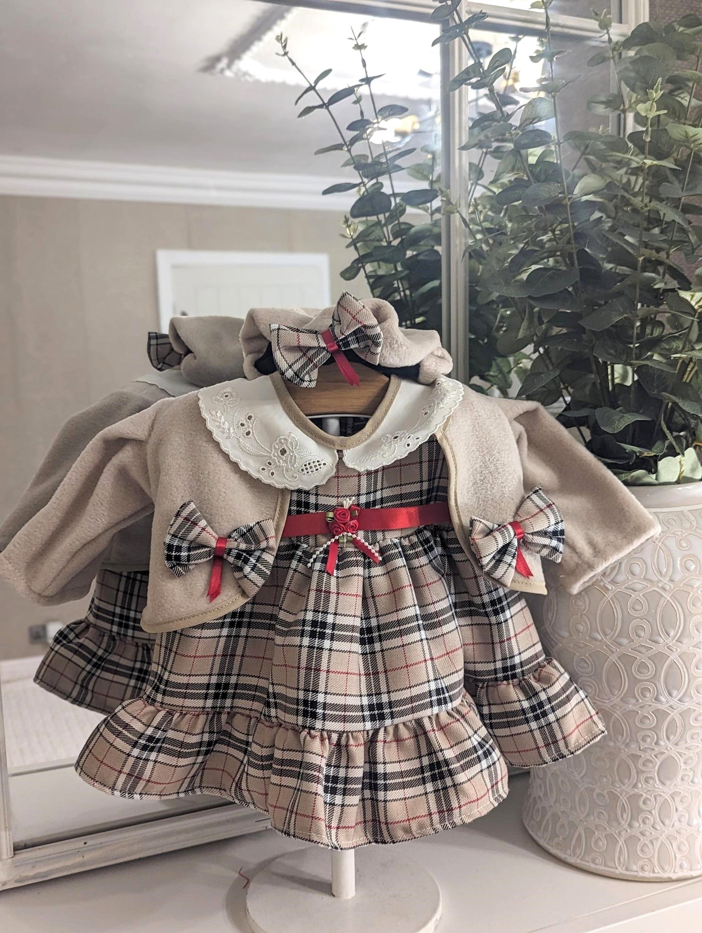 3 Piece Tartan Dress Set Beige