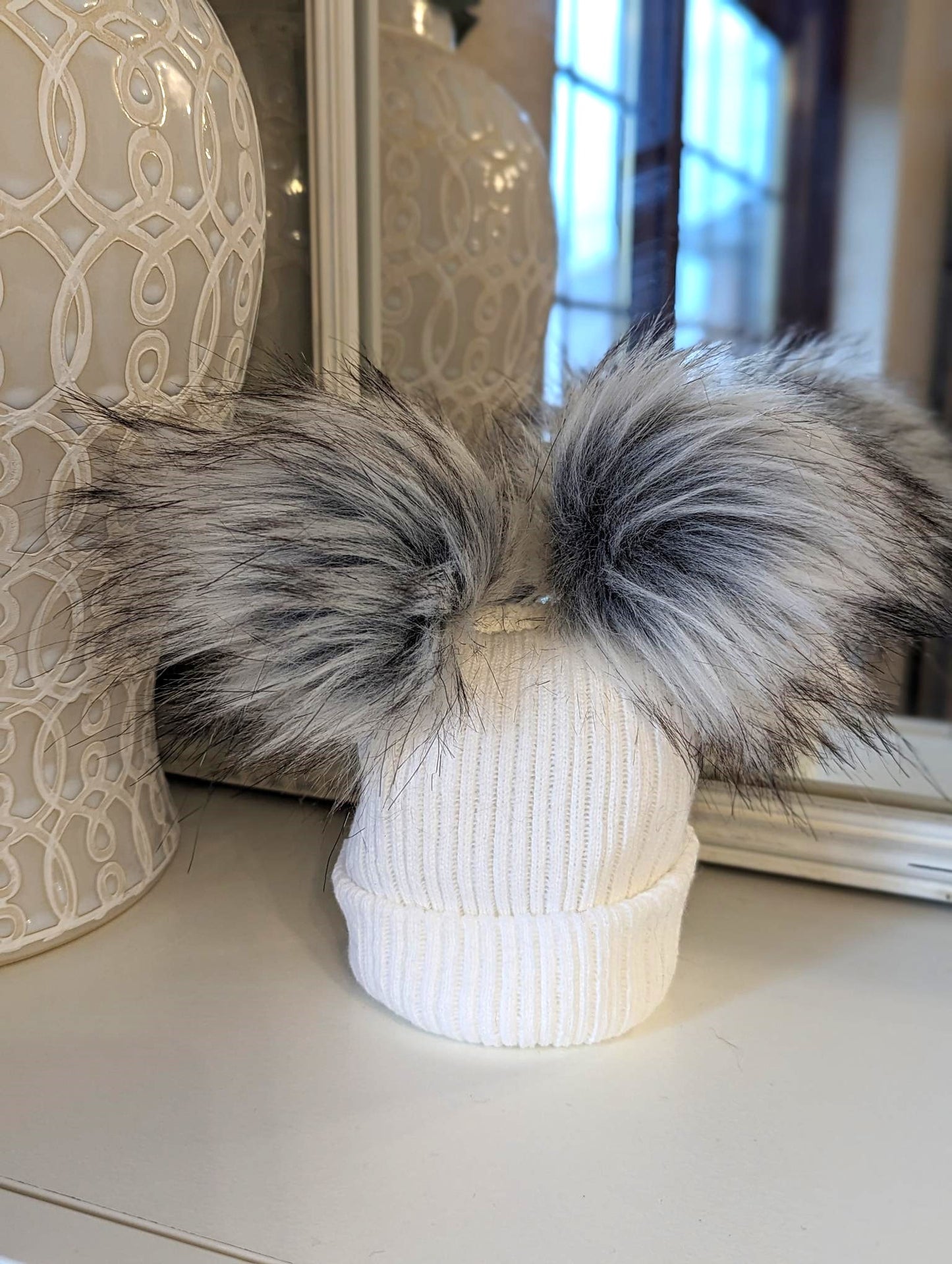 Double Pom Hat White & Grey Small/Medium