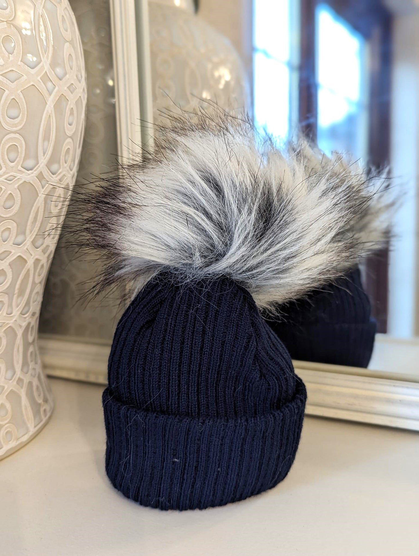 Single Pom Hat Navy & Grey Small/Medium