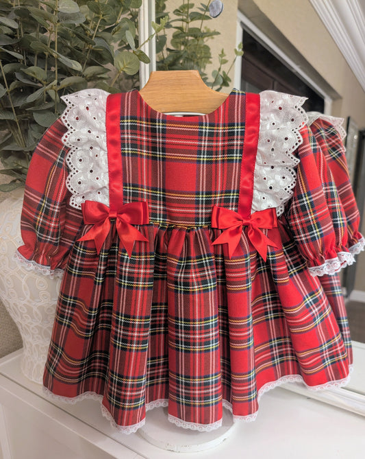 Tartan frill double bow dress Red
