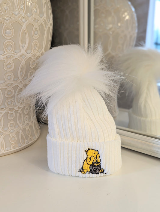 Honey Bear Single Pom Hat White