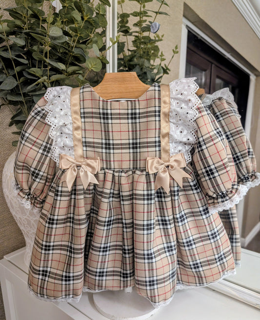 Tartan frill double bow dress Beige