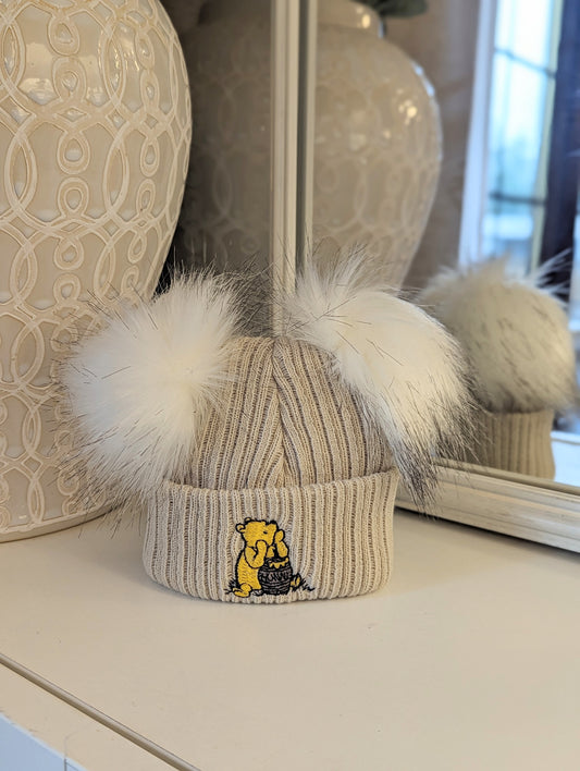 Honey Bear Double Pom Hat Beige