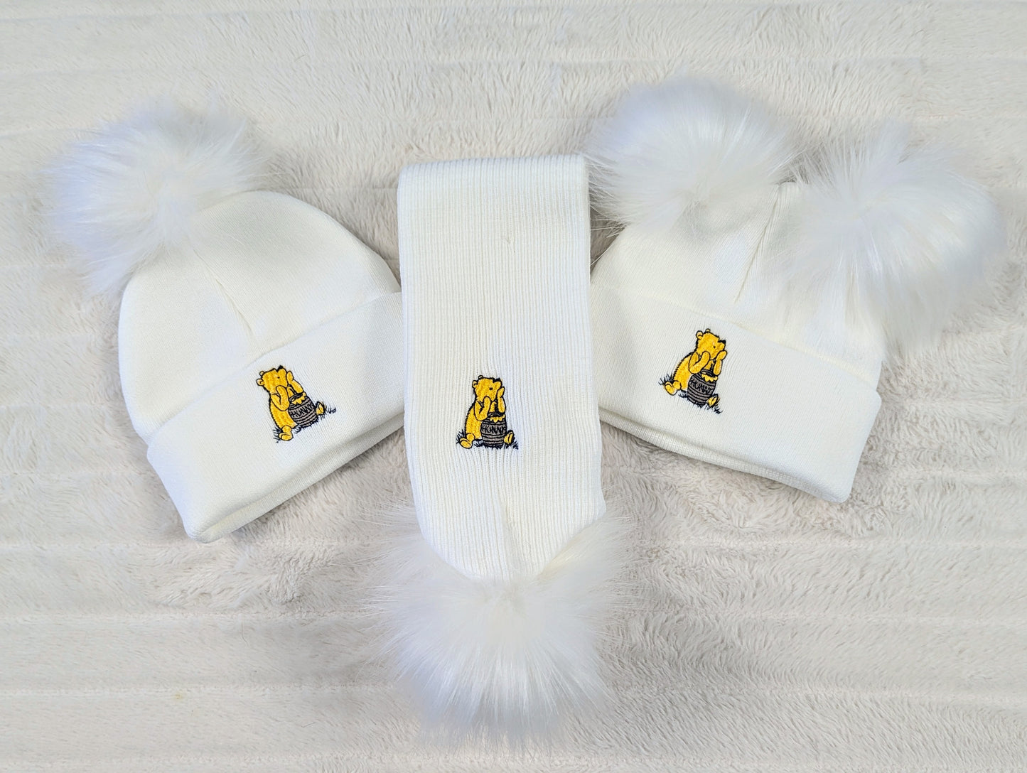 Honey Bear Double Pom Hat White