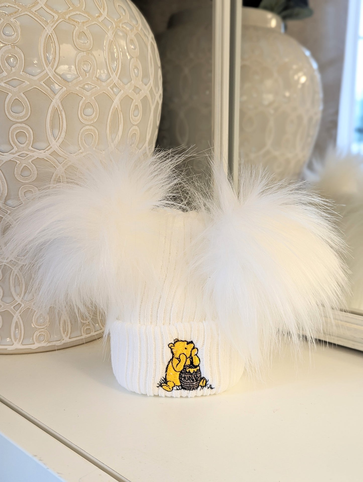 Honey Bear Double Pom Hat White